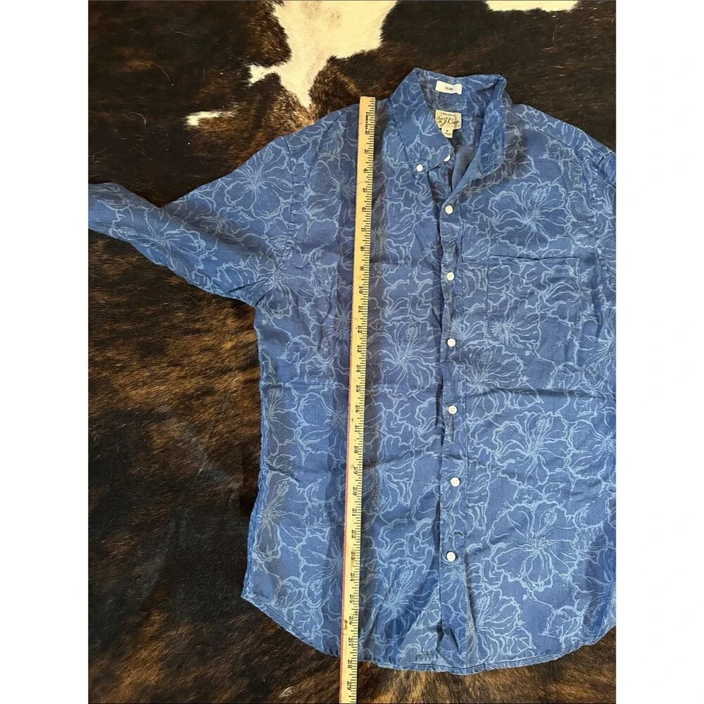 J. Crew Linen Button Up Long Sleeve Shirt, Blue Tropical Floral Men's M Slim Fit